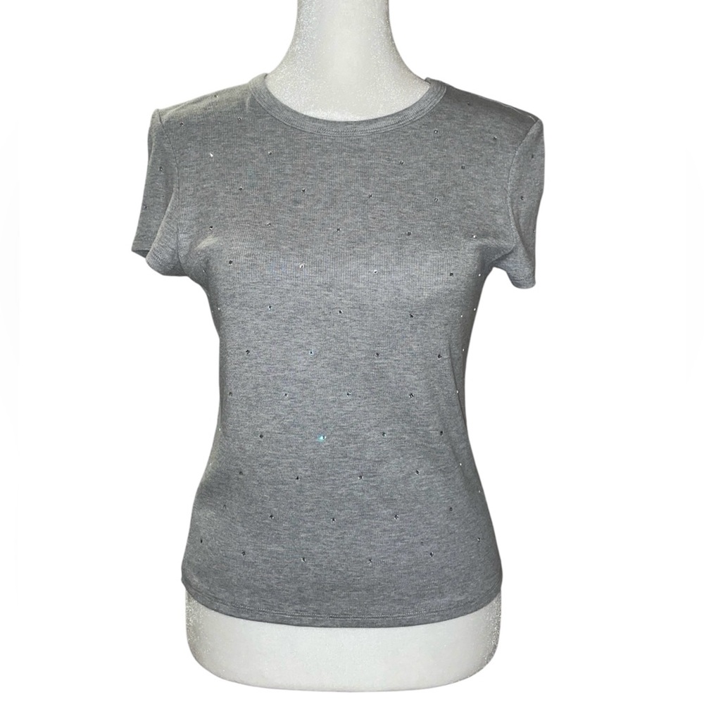 Joie Rhinestone Ribbed Gray Tee - Picture 2 of 5